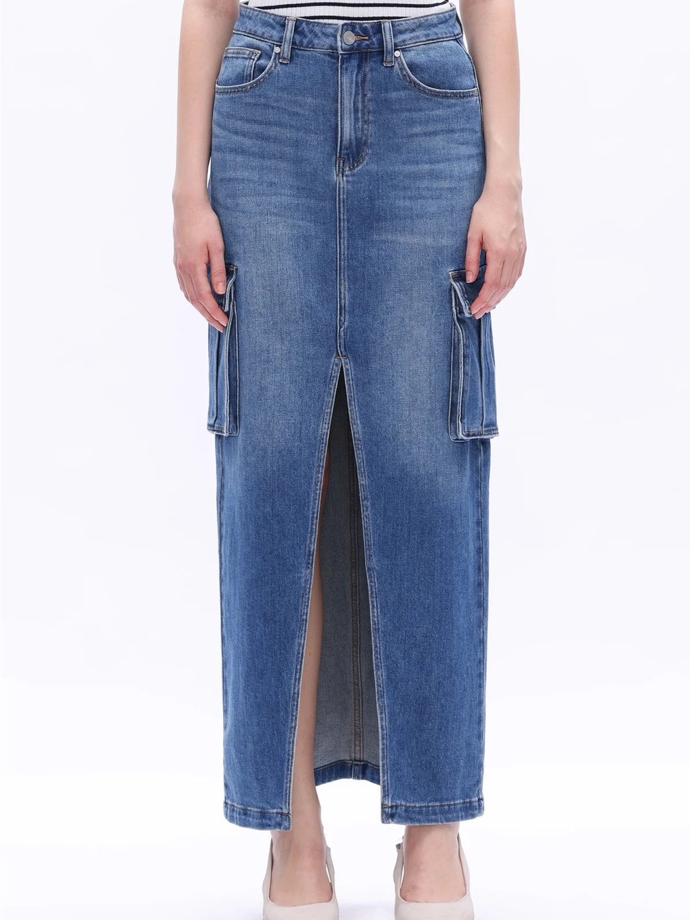 Bayeas Denim Cargo Maxi Skirt with Front Slit